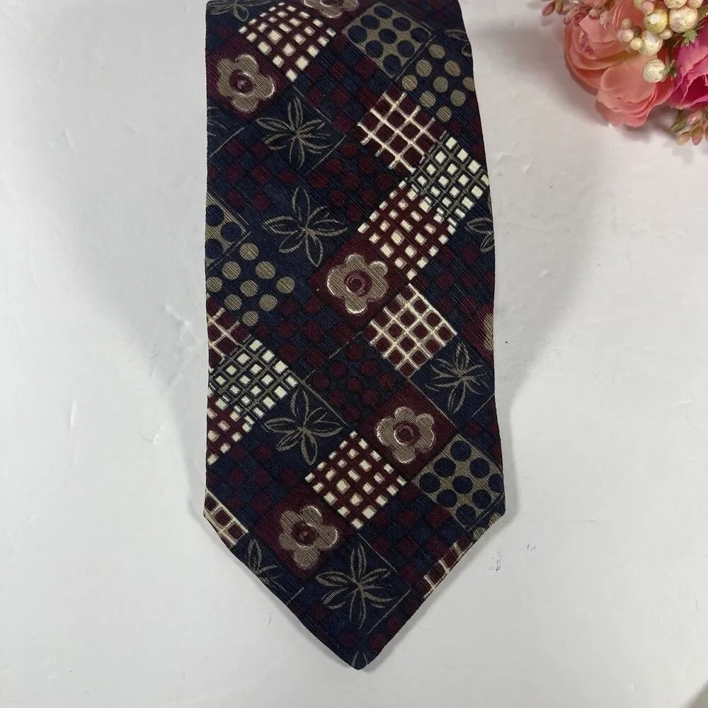 Geoffrey Beene Silk Necktie Vintage Floral Geometric Patchwork Navy Burgundy USA